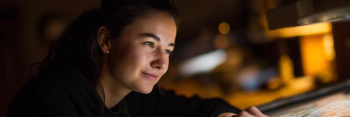A serene young woman intently studying at a dimly lit workspace, showcasing passion and concentration in her craft with a focus on creativity and detail.