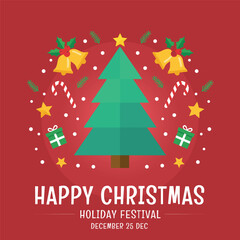 Red Christmas greeting card with green tree, candy cane, bells, and gifts, Happy Christmas Holiday Festival typography.
