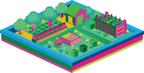 Fototapeta premium Isometric Vector Garden Scene Illustration with Shed Trees Flowers and Raised Garden Beds in a Colorful Design Style - Perfect for Garden Design Projects