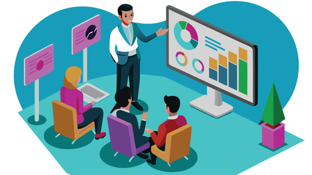 Isometric Business Presentation Vector Illustration Man Presenting Financial Data Charts to Team Business Meeting Data Analysis Corporate Strategy Teamwork Collaboration