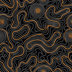 Obraz premium Abstract wavy contour line pattern, black background with flowing orange and white lines, modern minimal topographic texture
