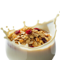 Granola with milk splash isolated on white background.png
