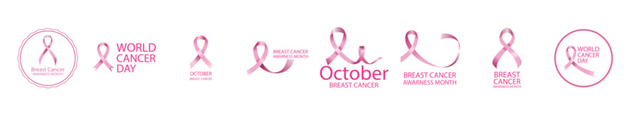 Realistic banner breast cancer awareness month background. Set of Breast Cancer Awareness Label badge set collection, pink ribbon symbol of breast cancer disease vector illustration, isolated on white