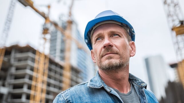 Focused construction worker, blue hard hat, building site backdrop, skyward gaze, determination, denim jacket, safety first, project vision, urban development, and construction.