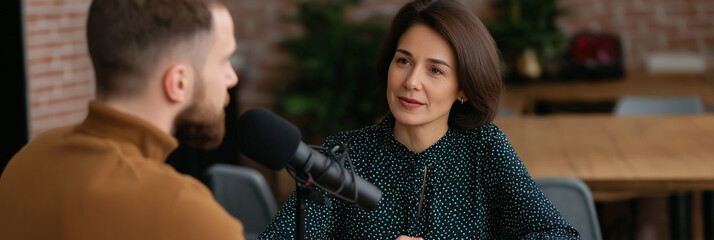 Two professionals engage in an insightful conversation during an interview, emphasizing the exchange of ideas and perspectives in a modern and professional environment.