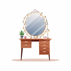 Fototapeta premium Oval Vanity Mirror with Warm String Lights and Green Potted Plant on a Wooden Dresser Table with Drawers and a Small Lamp