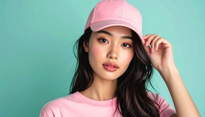 Portrait of a beautiful Asian woman wearing a pink cap.