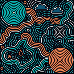 Abstract wavy contour line pattern, black background with flowing orange and white lines, modern minimal topographic texture