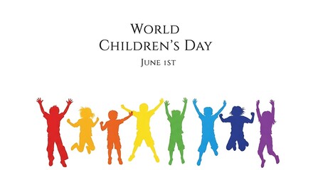 World children's day june first celebration background with colorful kids jumping silhouette vector design -children day