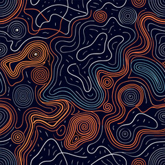 Abstract wavy contour line pattern, black background with flowing orange and white lines, modern minimal topographic texture