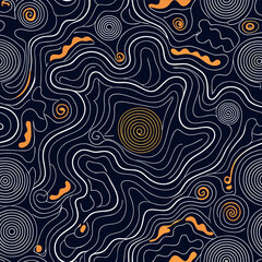 Abstract wavy contour line pattern, black background with flowing orange and white lines, modern minimal topographic texture