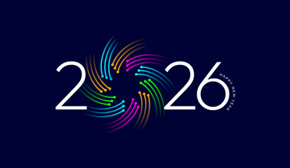 2026 Happy New Year vector illustration with vibrant multicolored technology lines circular spiral pattern, dotted curved lines, and festival design with futuristic data theme  on dark background 
