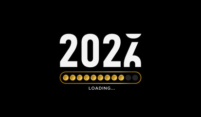 2025 to 2026 transition vector illustration with gold circular progress bar and digital countdown design on black background for New Year celebrations, festive greetings