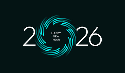 2026 Happy New Year vector illustration with futuristic fibre optic lines and glowing turquoise blue circular swirl on dark background for technology, innovation, and digital celebration themes