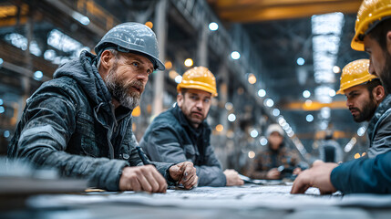 Construction workers attending meeting in industrial building