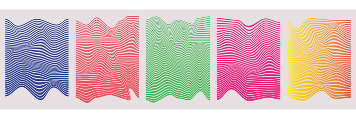 Colorful wavy line abstract pattern vector set — blue, red, green, pink, and yellow flowing stripe distortion background design, modern optical illusion vector art, minimal decorative wave lines