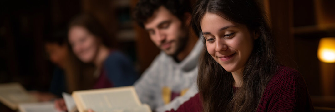 A group of students is engaged in focused study within a cozy library setting, highlighting the importance of collaboration and concentration in academic pursuits.