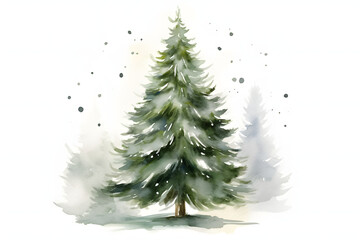 Whimsical watercolor christmas tree with gentle falling snowflakes