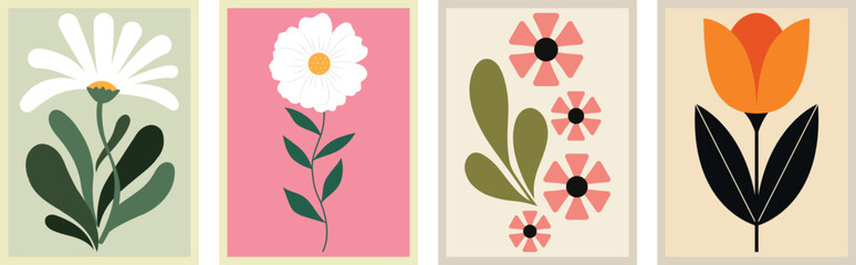 Minimal floral poster vector set — abstract daisy, tulip, and geometric flower illustration collection with pastel background, modern flat design botanical art, decorative wall print vector for interi