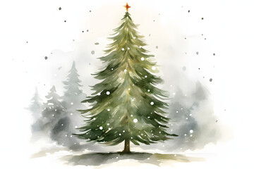 Whimsical watercolor christmas tree illuminated in a snowy forest scene