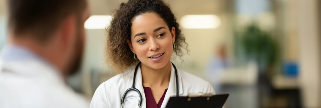 A compassionate doctor discusses patient care with a colleague in a modern medical environment, emphasizing the significance of healthcare and collaboration in medical practice.