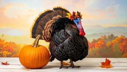 Festive Thanksgiving Turkey with Pumpkin and Autumn Leaves.