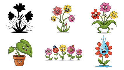 Cartoon flowers various designs against transparent background