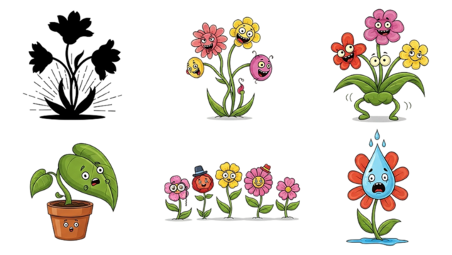 Cartoon flowers various designs against transparent background - Powered by Adobe