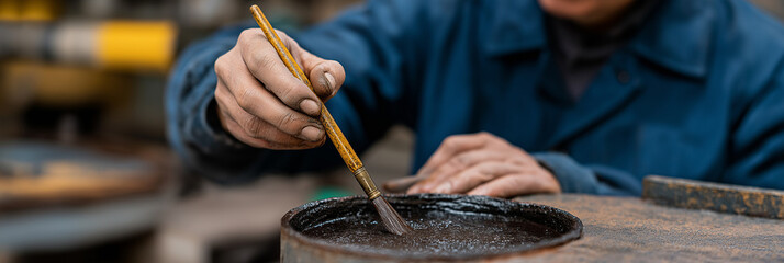 A skilled craftsman carefully applies paint with a brush, showcasing concentration and dedication in a vibrant workshop filled with tools and materials for creative production.