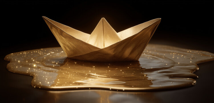 Softly glowing paper boat floating in golden puddle