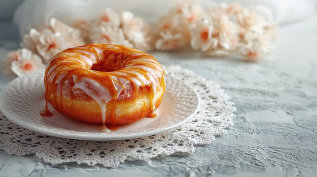 Indulge in a sweet delight! A glazed donut with caramel drizzle, perched on a delicate lace doily, promises a moment of sugary bliss and a touch of floral elegance.