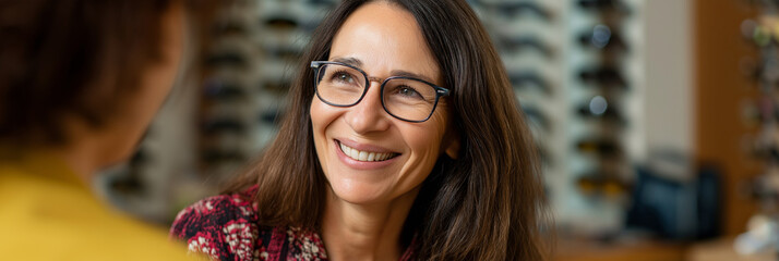 This image captures a smiling optician providing personalized assistance to a customer while surrounded by an array of stylish eyewear, fostering a warm shopping experience.