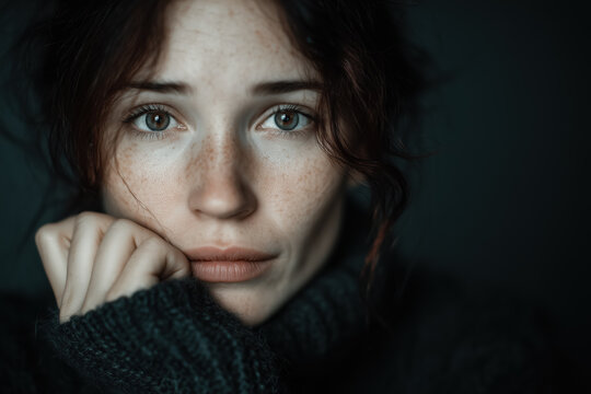 Young woman with freckles and brown hair in thoughtful pose