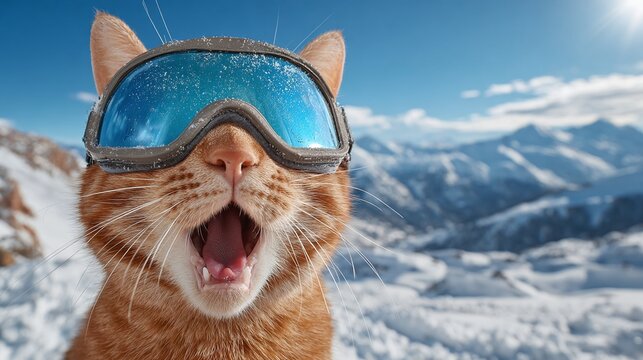 Ginger cat with blue ski goggles against a backdrop of snowy mountains. A funny animal portrait in a winter landscape, perfect for a heartwarming and humorous visual.