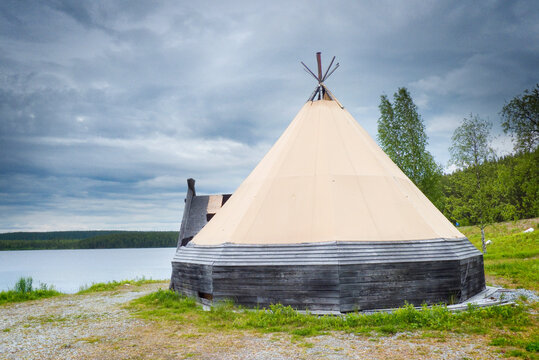 Traditional Sami lavvu on the shore of &Ouml;st-Kieratj&auml;rn lake in Jokkmokk, Sweden