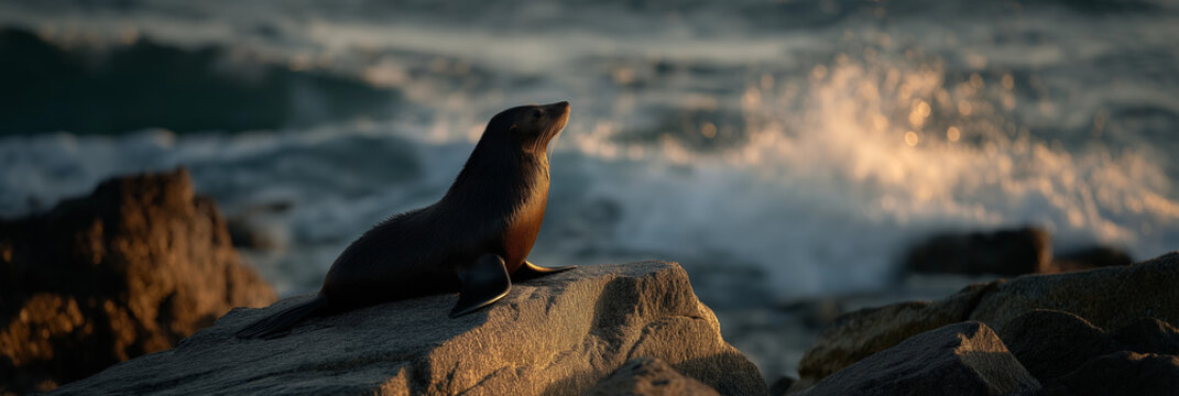 A serene seal gracefully lounges on a rocky shore, basking in the sunlight while enjoying the ocean breeze, representing peace and tranquility in nature's beauty. - Powered by Adobe