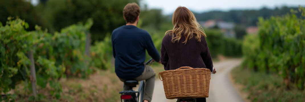 A couple rides bicycles through a lush vineyard, enjoying the outdoors and each other's company, with a woven basket adding charm to the pastoral scene, embodying romance and freedom.