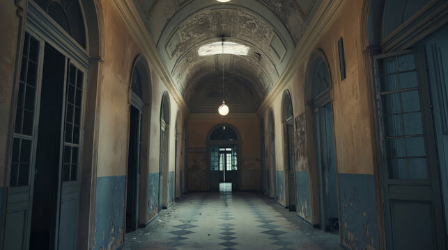 A long, arched, decaying corridor with peeling paint and dust-covered tiled floor in an abandoned European psychiatric hospital or asylum, evoking feelings of eerie desolation - Powered by Adobe