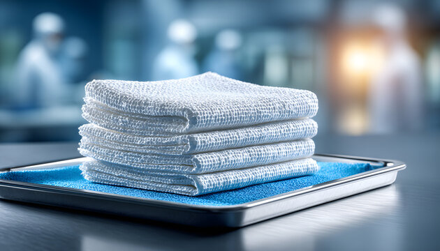 Stack of sterile gauze sponges on blue surgical tray. Medical supplies for hospital, surgery, operating room, first aid, cleanroom. Clean, antiseptic, hygienic fabric dressing instruments for health.