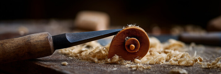 A craftsman works meticulously on a small wooden wheel using a chisel, demonstrating the dedication and craftsmanship involved in traditional woodworking techniques and creating unique pieces.