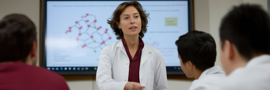 A female instructor passionately teaches a science class using visuals to explain complex concepts, inspiring students with her engaging lecture and approach to learning.