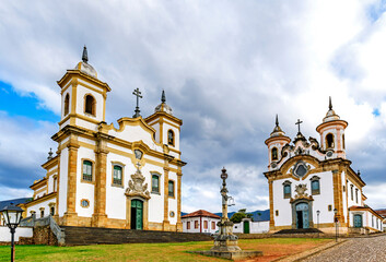 The central square of the city of Mariana in Minas Gerais, surrounded by historic Baroque churches.