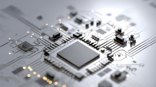 Close up view of a central microchip integrated into a sleek electronic circuit board, illuminated by tiny LED lights. This image highlights innovation in microelectronics and digital transformation
