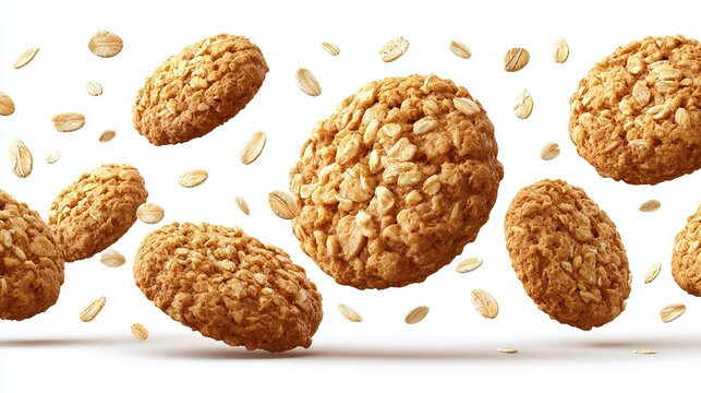 Golden oat cookies float against a white background, sprinkled with oat flakes. A delightful treat, these cookies offer a wholesome and delicious snack option. Enjoy the simple pleasures!