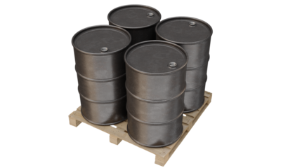 Pallet load of 42-gallon black crude oil barrels, isolated on a transparent background. 3D Illustration.