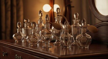 Elegant Vintage Perfume Bottles on a Wooden Vanity with Warm Light
