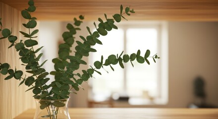 Fresh Eucalyptus Branches in Clear Glass Vase on Wooden Shelf