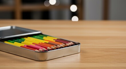 Close up of Vibrant Colored Pencils in a Metal Case on Wood
