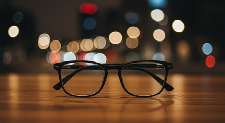 Sleek Black Eyeglasses Resting on a Table with Blurred City Lights