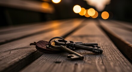 A Set of Antique Keys Resting on Weathered Wood Bathed in Golden Light
